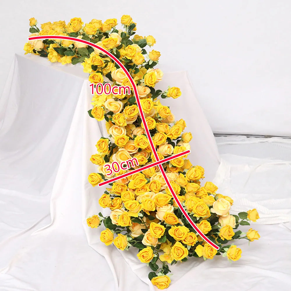 Yellow Artificial Flower Row Garland – Silk Wedding Backdrop Floral Arrangement for Ceremony Arch, Table Runner, Stage & Party Decoration