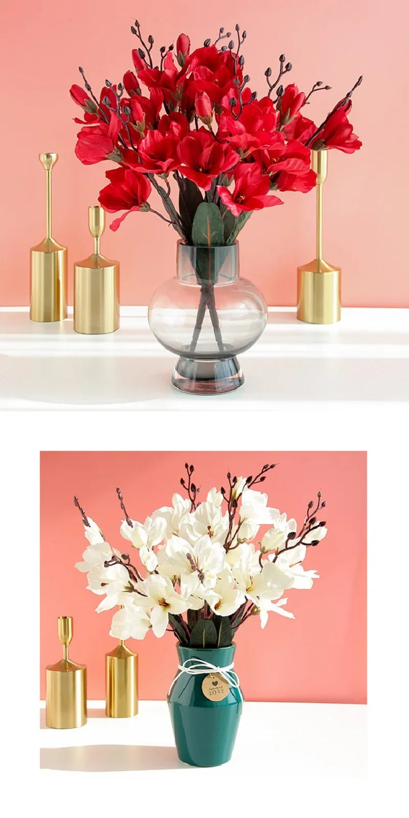 Artificial Magnolia Flower Bouquet – 5 Forks 20 Heads Faux Magnolia Flowers for Wedding Decor, Home Table Centerpieces, Living Room Floral Arrangement