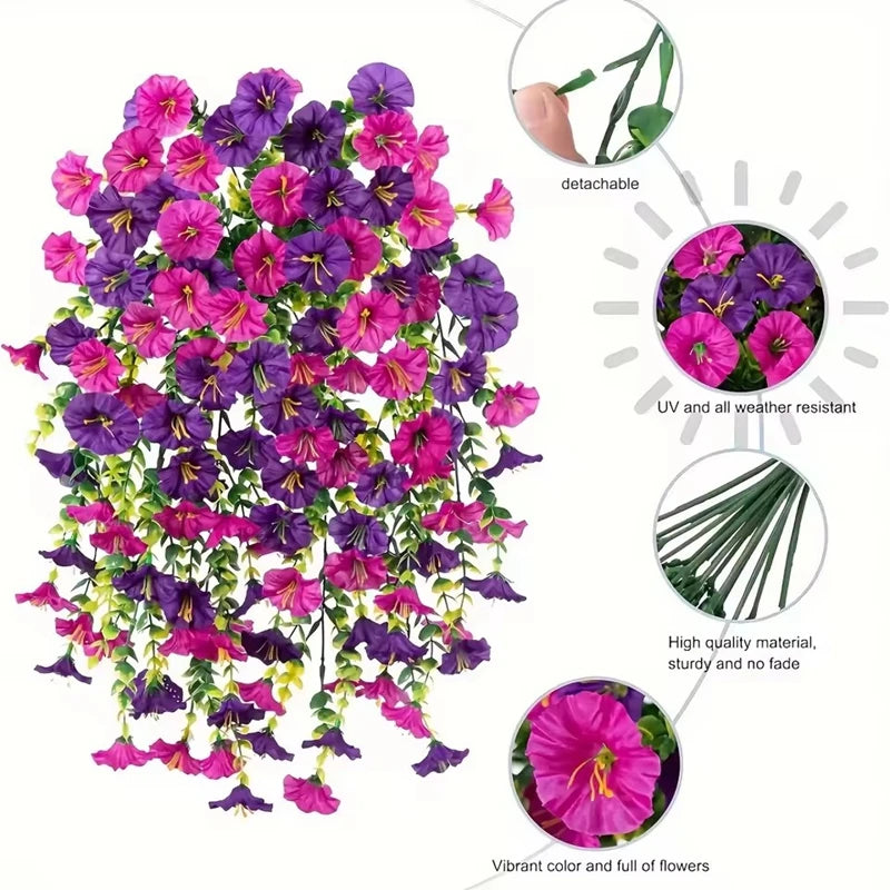 2PCS Artificial Morning Glory & Eucalyptus Hanging Flowers – Faux Vine Garland for Outdoor Wedding Decor, Garden, Party & Home Decoration