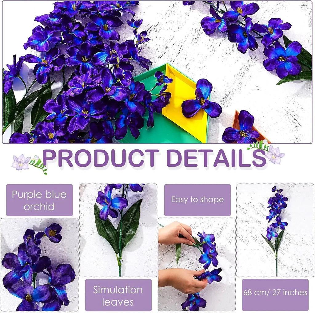 10PCS Artificial Orchid Flowers 27” – Purple Blue Silk Orchid Stems