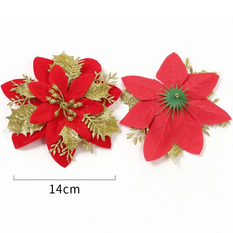 Artificial Poinsettia Flowers Bulk – Red Gold Glitter Christmas Floral