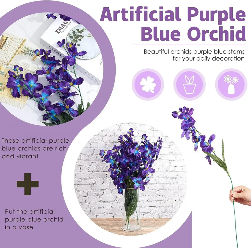 10PCS Artificial Orchid Flowers 27” – Purple Blue Silk Orchid Stems