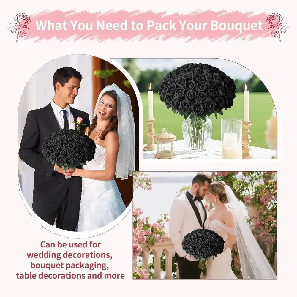 102PCS Black Artificial Rose Bouquet – Long Stem Faux Roses for DIY Wedding Decor, Gothic Floral Arrangements, Party Decorations, Home & Event Centerpieces
