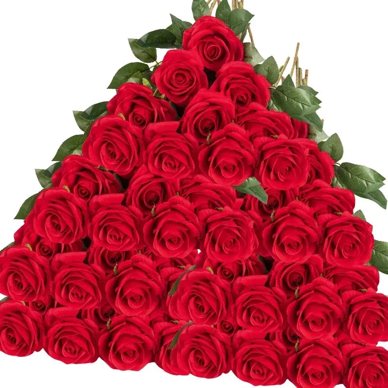 50PCS Velvet Artificial Roses – Real Touch Faux Rose Bouquet for Valentine’s Day, DIY Wedding Bouquets, Party Decorations, Home Decor Floral Arrangements