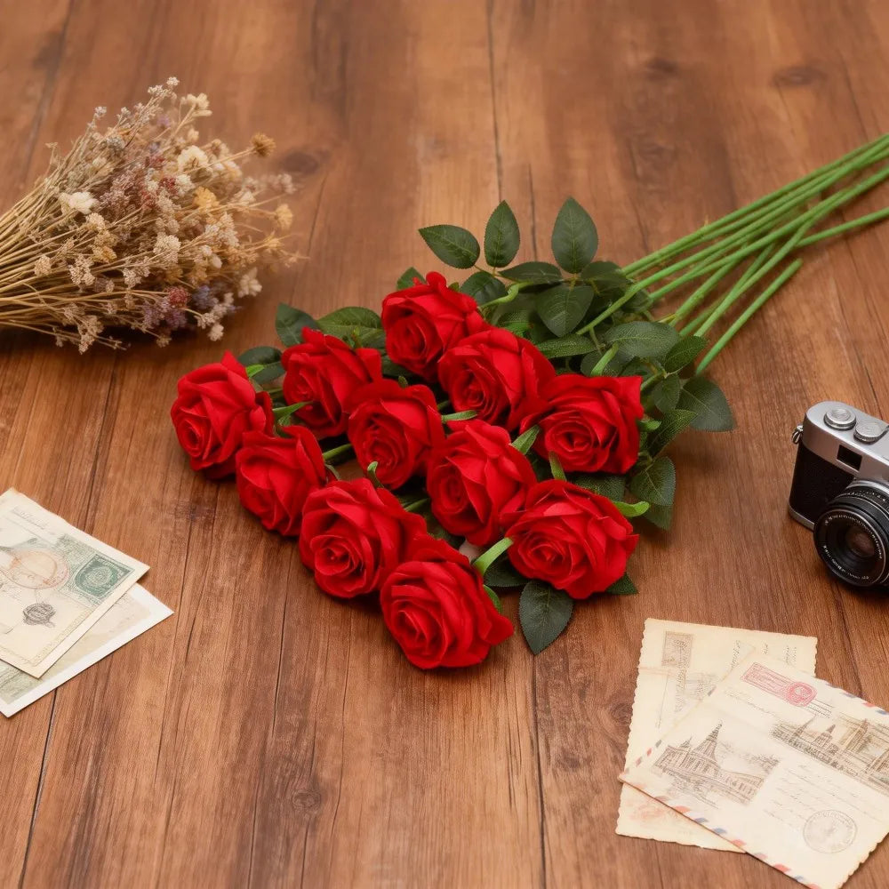 10PCS Red Bulk Artificial Roses – Silk Faux Rose Flowers with Stems