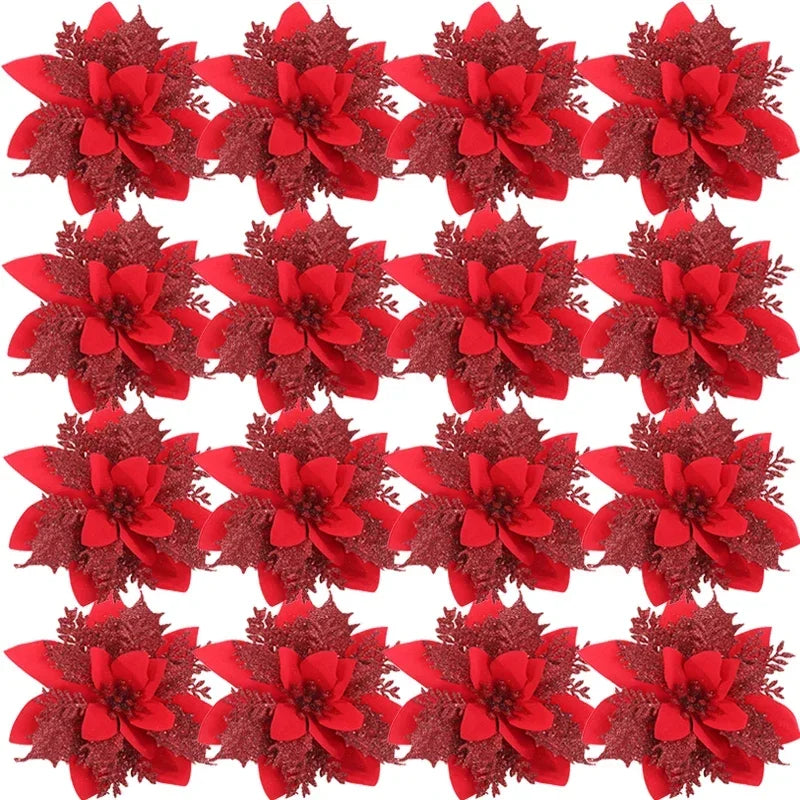 Artificial Poinsettia Flowers Bulk – Red Gold Glitter Christmas Floral