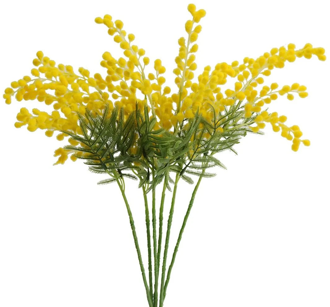Artificial Albizia Julibrissin Mimosa Branch – 6pcs Yellow Flower Decor