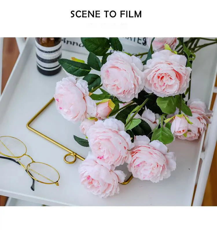 3 Head Artificial Peony & Rose Bouquet – Pink White Silk