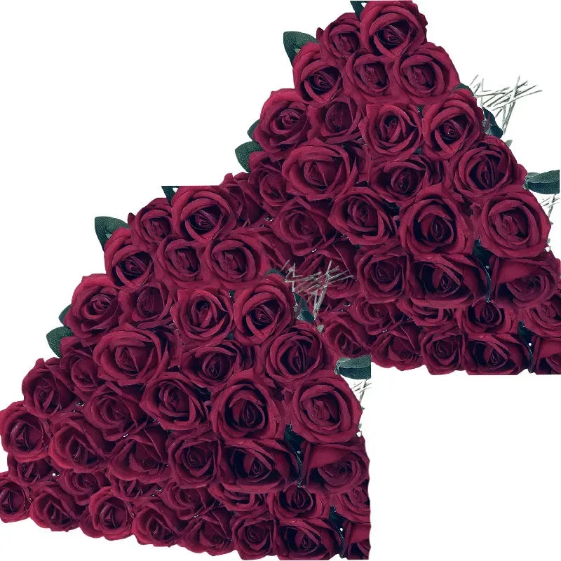 50PCS Bulk Artificial Velvet Roses – Faux Wedding Bouquet Flowers