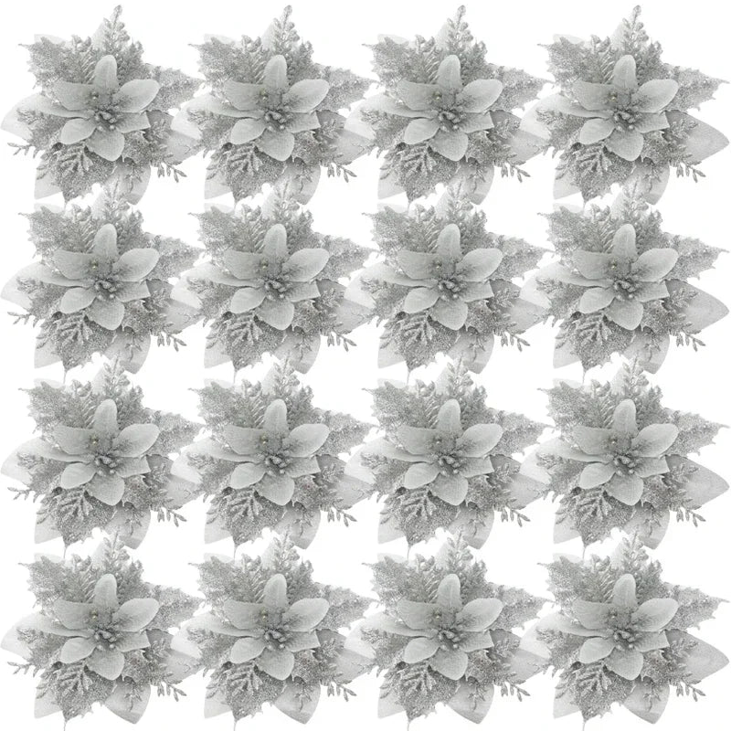 Artificial Poinsettia Flowers Bulk – Red Gold Glitter Christmas Floral